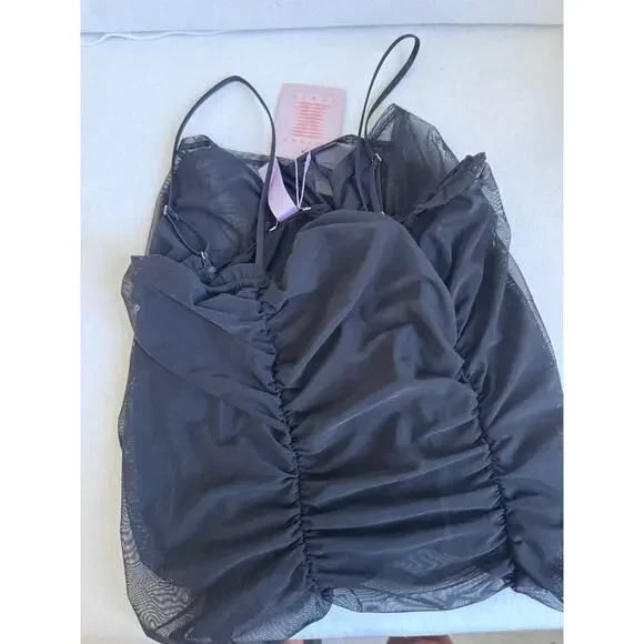 Savage X Fenty Rihanna Sz L Mesh Dress Black Tank Sleeveless Ruched Night Gown - Picture 6 of 7